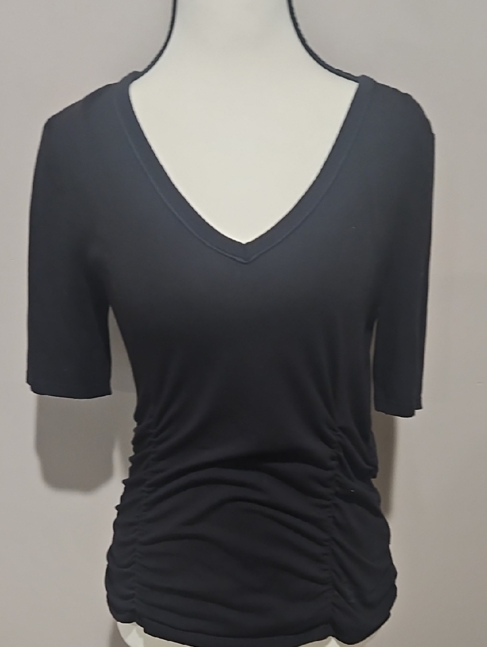 White House Black Market Black V-Neck Ruched Short Sleeve Top